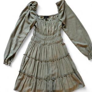 Green Long Sleeve Midi Dress with Ruffles - Size S